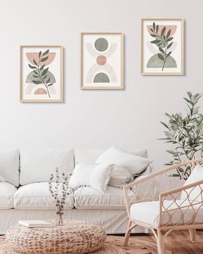 HesenDot Boho Sage Green Framed Wall Art, 12x16IN High Wood Frame Design - color: High Frame Green Neutral Leaf
