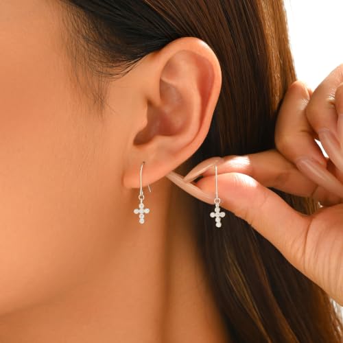 925 Sterling Silver Cubic Zirconia Cross Dangle Earrings Hooks for Women - color: Silver