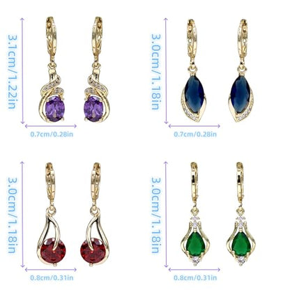 18K Gold Plated, Dangle Earrings for Women, Flower/Heart Drop earrings, Hypoallergenic Cubic Zirconia Earrings, Lightweight, Party, gold earrings, Jewelry for Gifts, Fashion - style: Drop-BigGems-4Pair