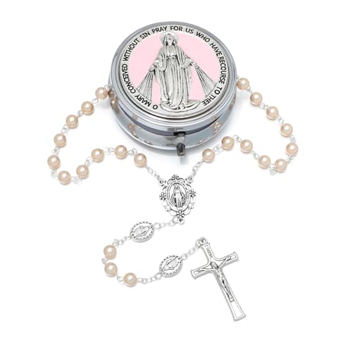 KOMI 6mm Glass Pearl Rosary Beads Catholic for Women with Metal Rosary Box Religious Gifts - style: Virgn Mary-pink
