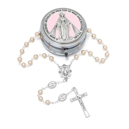 KOMI 6mm Glass Pearl Rosary Beads Catholic for Women with Metal Rosary Box Religious Gifts - style: Virgn Mary-pink