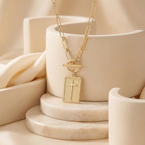 Cross Necklace for Women Girls, 14K Gold Plated Dainty Pendant Necklaces Set, Cute Trendy Faith Christian Religious Everyday Jewelry Gifts Aesthetic Accessories Non Tarnish - color: Paperclip Toggle