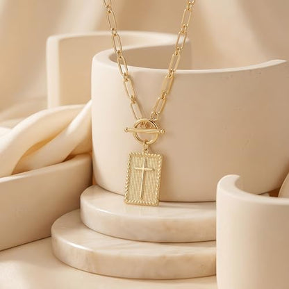 Cross Necklace for Women Girls, 14K Gold Plated Dainty Pendant Necklaces Set, Cute Trendy Faith Christian Religious Everyday Jewelry Gifts Aesthetic Accessories Non Tarnish - color: Paperclip Toggle