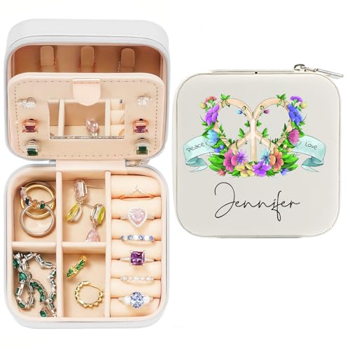 Personalized Travel Jewelry Box with Peace and Love, Custom Jewelry Organizer with Name for Women, Teens - color: Peace and Love -White