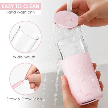 SANDJEST Glass Tumbler with Straw and Lid, Bow Glass Water Bottle with Silicone Sleeve 20oz, Smoothie, Iced Coffee Cup, Gifts for Women Teen Girls Birthday Christmas - color: Bow 1