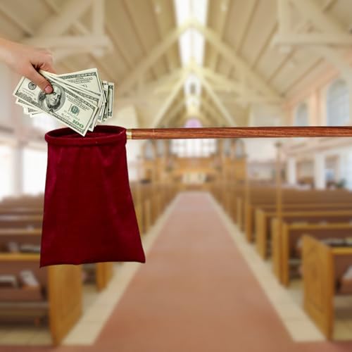 Needzo Velvet Offering Bag with Brass and Wood Handle, Church Service Supplies, 5-3/4" Dia x 11-1/4" H, 30" Long