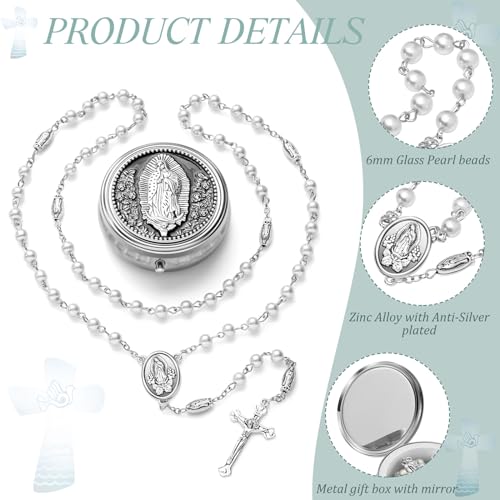Jadive 12 Sets Catholic Rosary Necklace 6mm Glass Pearl Beaded - color: Silver
