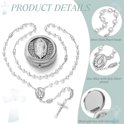 Jadive 12 Sets Catholic Rosary Necklace 6mm Glass Pearl Beaded - color: Silver