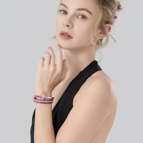 Christian Cross Leather Bracelets Boho Western Blessing Religious Jewelry - color: Hot Pink
