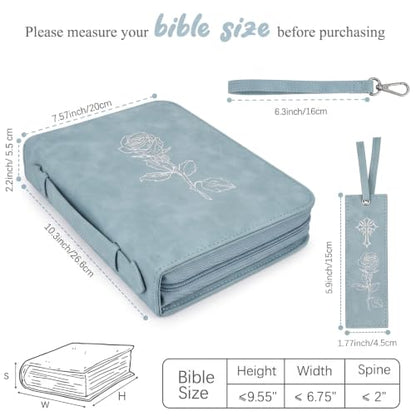Bible Cover for Women - Leather Study Case with Bookmark, Supplies Carrying Bag Tote with Strap, Personalized Book Organizer for Journaling (Blue)