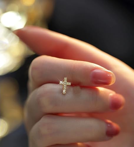 14K Gold Plated Small Cross Stud, Hypoallergenic Pave CZ Tiny Earrings for women