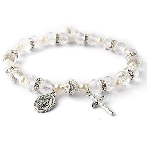 HanlinCC Women's Stretch Rosary Bracelet Beaded Crucifix & Miraculous Medal - color: White