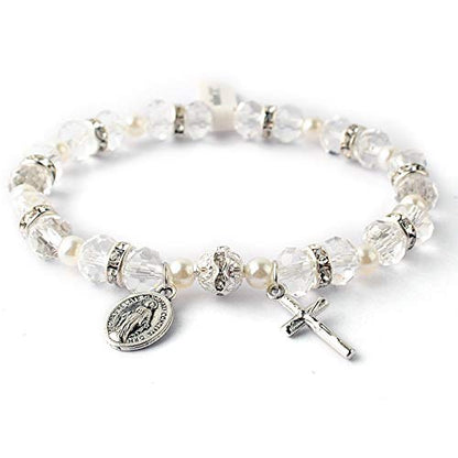 HanlinCC Women's Stretch Rosary Bracelet Beaded Crucifix & Miraculous Medal - color: White