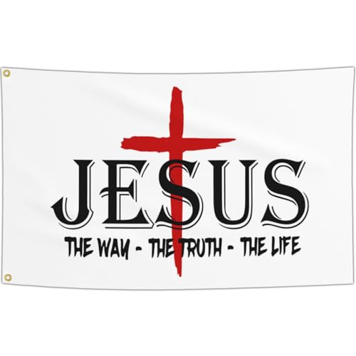 Jesus The Way Truth Life Flag Outdoor 3X5 Ft Jesus American Flag Christian Faith Over Fear Flags for Outside Worship Yard Sign Flags for Bedroom Room House Decorations Banner - color: Black5