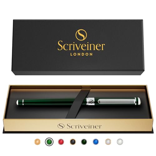 Scriveiner British Racing Green Rollerball - Stunning Luxury Pen With Chrome Finish, Schmidt Ink Refill, Best Roller Ball Pen Gift Set for Men & Women, Professional, Executive Office, Nice Pens - color: 12. British Racing Green with Chrome
