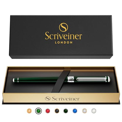 Scriveiner British Racing Green Rollerball - Stunning Luxury Pen With Chrome Finish, Schmidt Ink Refill, Best Roller Ball Pen Gift Set for Men & Women, Professional, Executive Office, Nice Pens - color: 12. British Racing Green with Chrome