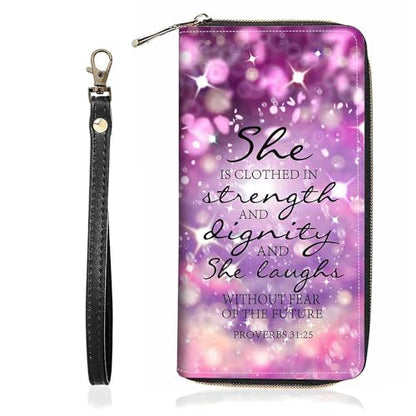 Christian Quote Bible Verse Proverbs 31:25 Print Wallet for Women Large Capacity Wallet Credit Card Holder PU Leather Zipper Clutch Purse Phone Wallet - color: Christian Quote Bible Verse Proverbs 31:25