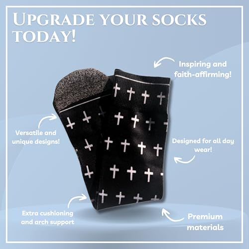 Bible Verse Socks for Men, Christian Scripture Crew Socks, Faith Gift - color: Black and White Crosses