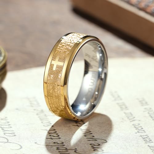 King Will Stainless Steel Men Ring Lord's Prayer Cross Ring Stainless Steel Men Wedding Ring, Wedding Band Bible Engraved Rings High Polished, Comfort Fit - color: Gold