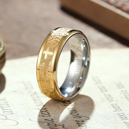 King Will Stainless Steel Men Ring Lord's Prayer Cross Ring Stainless Steel Men Wedding Ring, Wedding Band Bible Engraved Rings High Polished, Comfort Fit - color: Gold