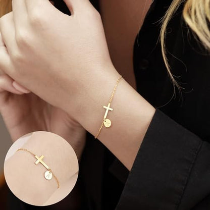 Stocking Stuffers for Teens Women, Cross Bracelet for Women Graduation Gift Dainty Cross Bracelet with Initials Christian Gifts for Women Teen Girl Gift Confirmation Baptism Religious Jewelry Birthday Mothers Day Gifts - color: Gold - L