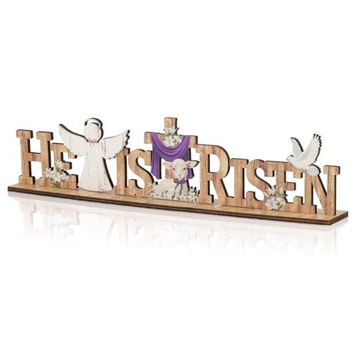 Easter Religious Decorations He Is Risen Decor Signs Easter Wooden Cross Table Sign for ustic Farmhouse Home Room Dining Birthday Spring