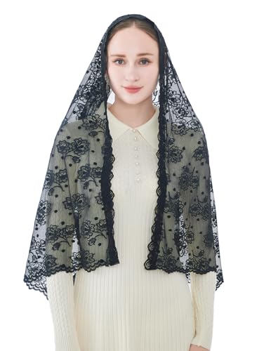 Wgior Catholic Chapel Veil – Floral Mantilla Head Covering for Church, Prayer, and Modesty – Soft Rectangular Shawl - color: Black