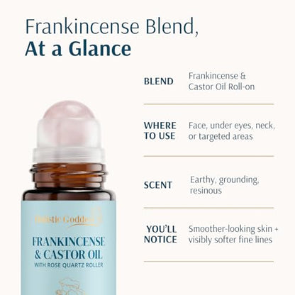 Holistic Goddess Frankincense Castor Oil Roll-On, Rose Quartz Roller, 1.7oz