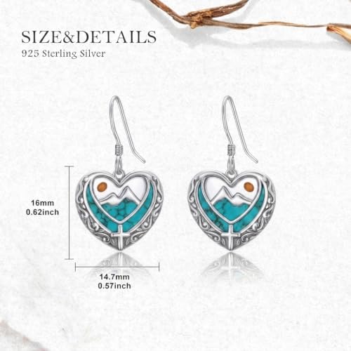 AOBOCO 925 Silver Mustard Seed Cross Heart Dangle Drop Earrings Women - color: Silver-Turquoise
