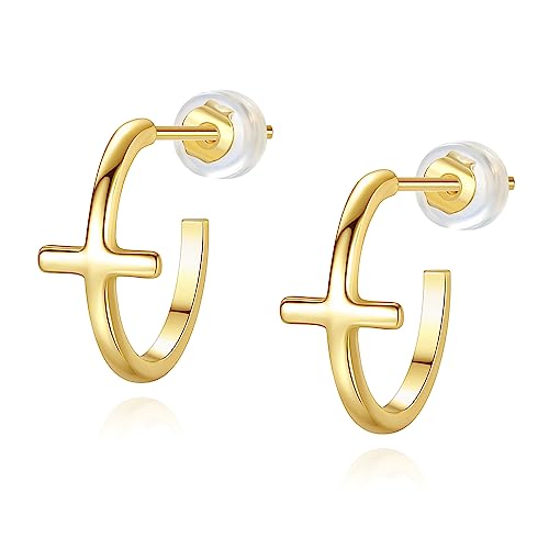 Me&Hz Gold Huggie Earrings Small Huggie Hoop Earrings for Women 14K Gold Plated Hypoallergenic Cubic Zirconia Huggies Mini Silver Hoop Earring for Women - color: Cross,Gold