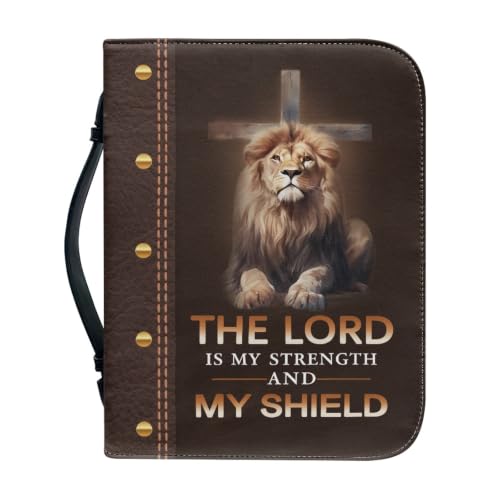 Cross Lion Bible Cover for Men Soft PU Leather Verse Print Bible Carrying Case Large Capacity Book Organizer with Top Handle Gift for Birthday - color: Cross Lion, size: 2X-Large