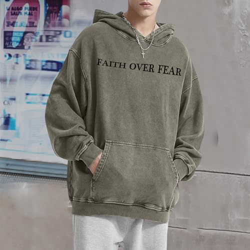 Christian Faith Over Fear Hoodies for Men Jesus Religious Graphic Sweatshirt Bible Verse Acid Wash Pullover Hoodie - color: Green, size: Medium