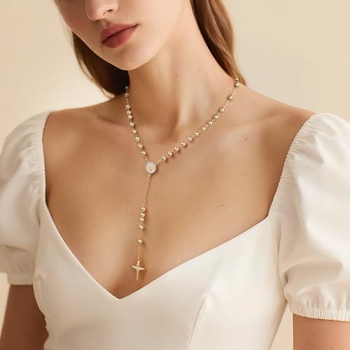 Women's Gold Virgin Mary Necklace, 14k Gold Plated Rosary Bead Cross Chain - style: Gold-Style 4