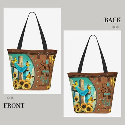 Bible Tote Bags for Women Christian Gifts Religious Church Shoulder Bag - color: Sunflower Cross