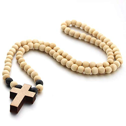 COLORFUL BLING Natural Wooden Catholic Rosaries Wood Crucifix Prayer Beads Pendant Necklace Prayer Jesus Religious Cross Rosary Necklace Handmade Jewelry - color: round light