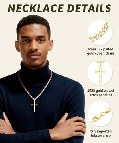 925 Sterling Silver or 18k Plated Gold Cross Necklace for Men Women - color: Gold Cross Pendant- Small