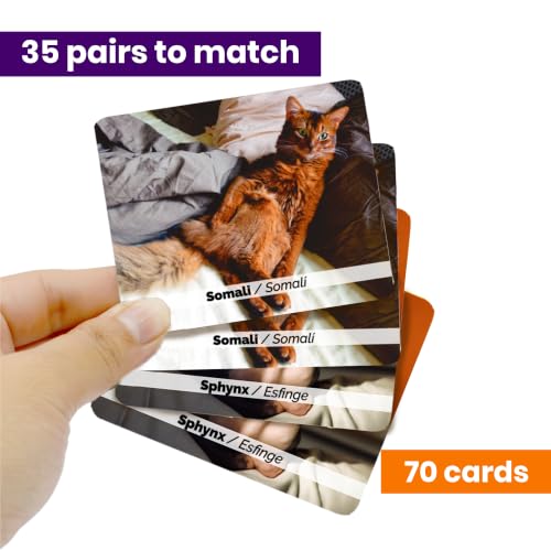 Menique Cat Memory Game – 70 Cards with Real Photos of 35 Cat Breeds – Bilingual Matching Card Game with Fact Booklet – Great Boo Basket Stuffer & Halloween Favor - style: Cats