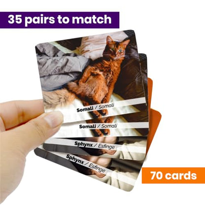 Menique Cat Memory Game – 70 Cards with Real Photos of 35 Cat Breeds – Bilingual Matching Card Game with Fact Booklet – Great Boo Basket Stuffer & Halloween Favor - style: Cats