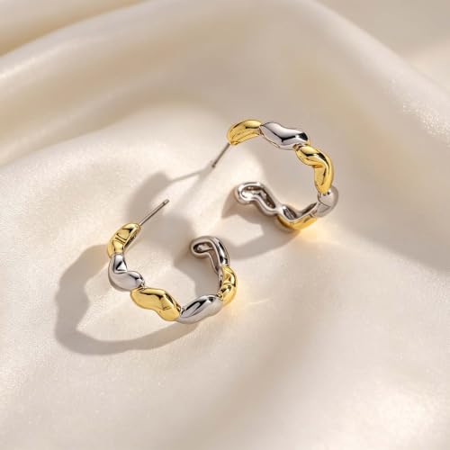Two Tone Gold Silver Hoop Earrings Mixed Metal Open C Hoop Earrings - color: Heart