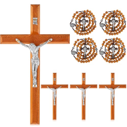 Leinuosen 4 Set Handmade Crucifix Wall Cross and Wooden Rosary Beads Jesus Cross Hanging Wood Rosary for Home Wall Pectoral Pendant Necklace Gifts Decor 7.87 Inch