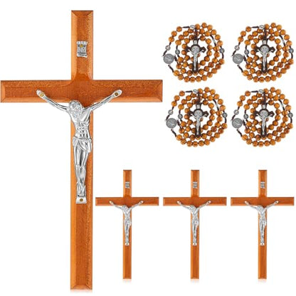 Leinuosen 4 Set Handmade Crucifix Wall Cross and Wooden Rosary Beads Jesus Cross Hanging Wood Rosary for Home Wall Pectoral Pendant Necklace Gifts Decor 7.87 Inch
