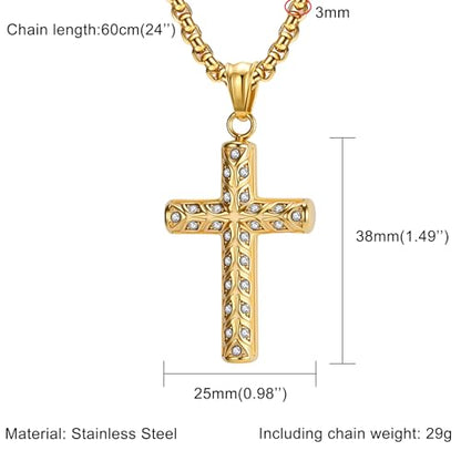 Men's Cross Necklace, Vine Design Iced‑Out Cubic Zirconia - color: gold