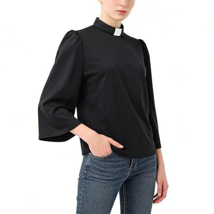 Women's Clergy Shirt Tab Collar Swing Long Sleeve Regular Blouse - color: Black, size: Medium