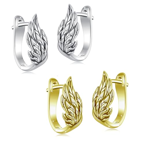 Turquoise Cross Hoop Earrings for Women 14K Gold Plated Infinity Angel Feather Pearl Turquoise Cross Star Hypoallergenic Post Christan Everyday Huggie Jewelry Gift - color: Silver Gold Wings