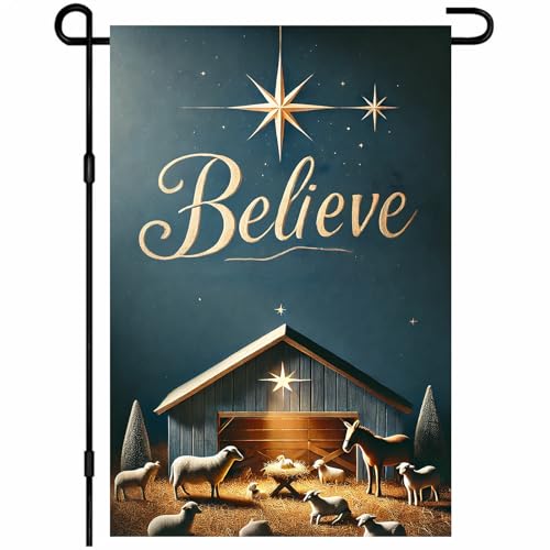 BlissYard Christmas Nativity Scene Garden Flag 12x18 Inch Polyester - color: Starry Night Stable