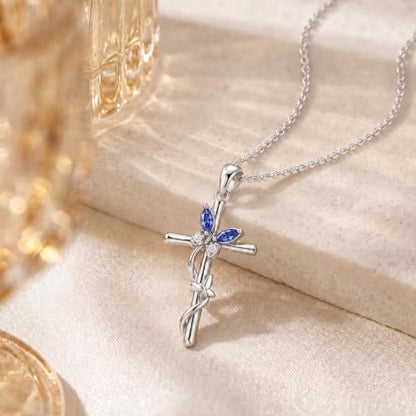Distance Cross Necklace for Women 925 Sterling Silver Jewelry Pendant Necklace for Mom Wife Gift for Mother's Day or Birthday - style: 12-Blue Topaz