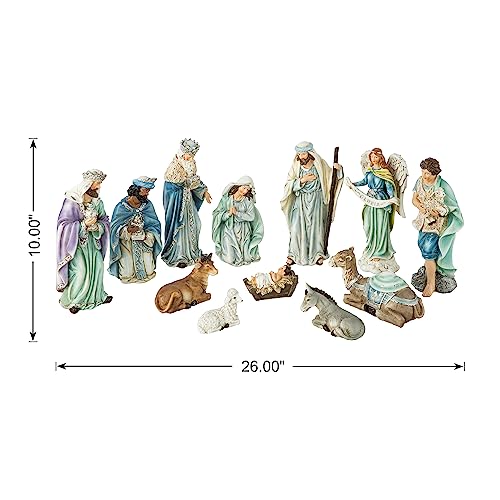 Glitzhome 12Pcs Nativity Figurines Sets for Christmas Indoor, Deluxe Blue Resin Christian Nativity Set Xmas Nativity Scene Tabletop Ornaments Miniatures Statue Nativity Figures Collectible 10" x 26" - size: 10 x 26.00 Inches-Blue