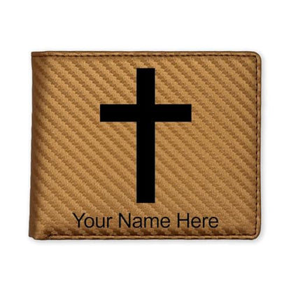 LaserGram Personalized Wallet, Christian Cross (Carbon Fiber Bronze) - color: Carbon Fiber Bronze