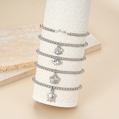 morniface Beaded Bracelet for Women, Handmade Stretch Bracelet with Charms, Dainty Stackable and Trendy Jewelry Gift - style: Silver Beaded-clownfish