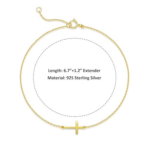 LUCA SMITH 925 Sterling Silver Cross Bracelet for Women Adjustable Stackable Dainty 14K Gold/Silver Cute Tiny Symbolic Cross Pendant Charm Link Chain Faith-Based Jewelry - color: gold